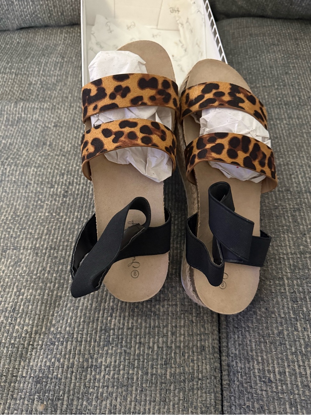 Leopard Print Dual-Strap Slide Sandals with Black Elastic Heel